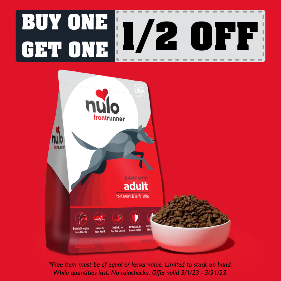 Buy one, get one half off Nulo dog food. Shop Now. 