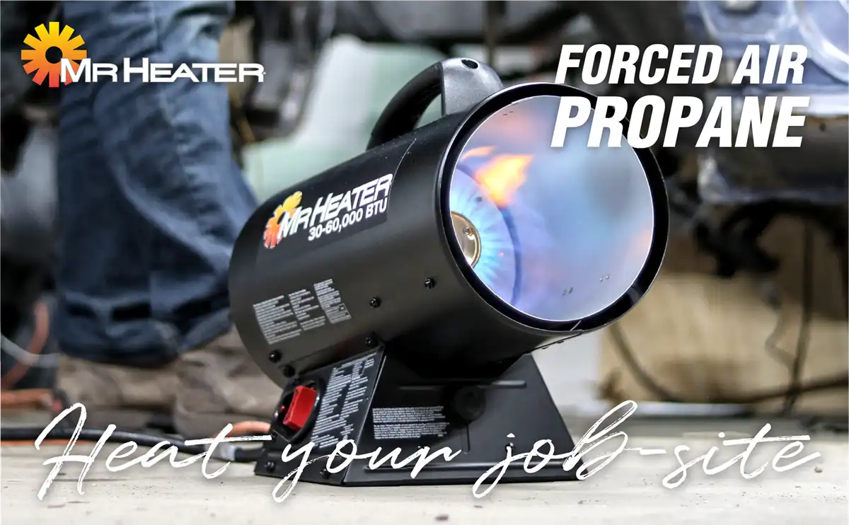 Product image with text reading forced air propane, heat your job site