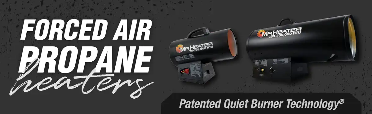 Product image with text reading forced air propane heaters, patented quiet burner technology