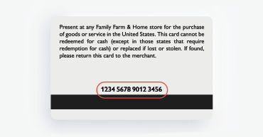 Back side of a FFH Gift Card, showing 16 digit number towards the bottom-middle